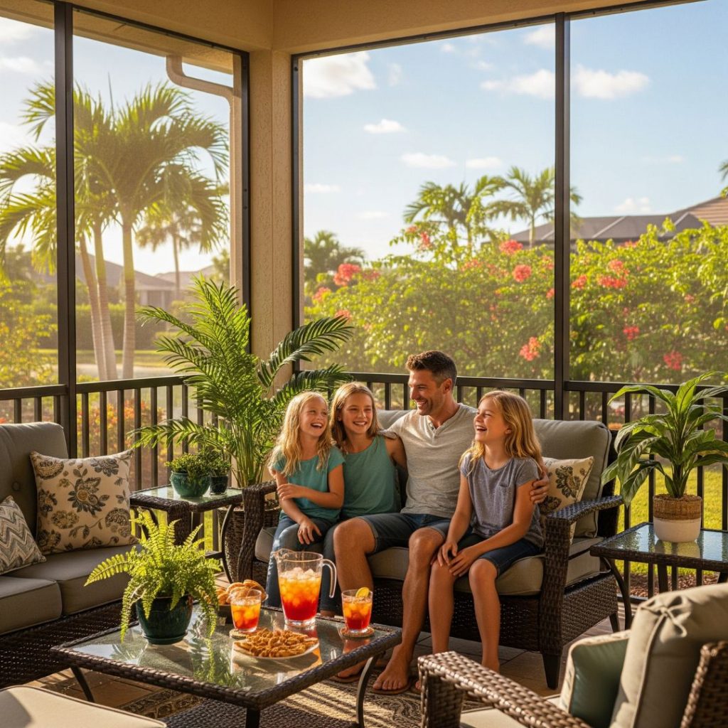 family sitting in a lanais