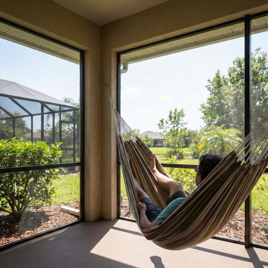 person comfortably relaxing in a hammock inside a screened lanai