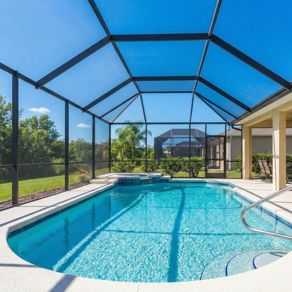 swimming pool completely enclosed by a large screened structure in a sunny Florida setting