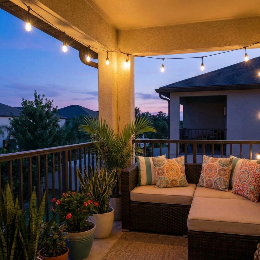 cozy lanai at twilight, decorated with string lights, plants, and comfortable furniture